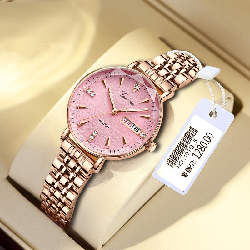 Swiss English-Chinese Women's Watch: Fashionable Butterfly Buckle, Luminous, Waterproof, Stainless Steel Band, Calendar Feature.