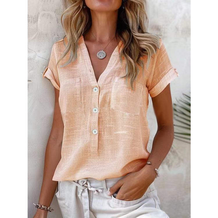 Women's Plain-coloured Button-up Loose-fit Comfortable Casual Fashionable Short-sleeved Top