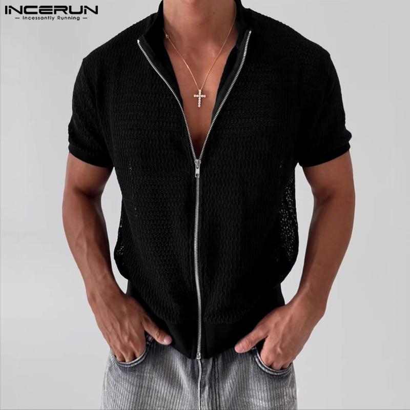 INCERUN Herren Reißverschluss Kurzarm Durchsichtig Lässig Hemden Oberteile