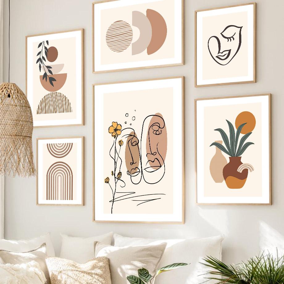 Boho Abstract Sun Lines Face Rainbow Vase Leaf Wall Art Canvas Painting Nordic Posters And Print Pictures For Living Room Decor