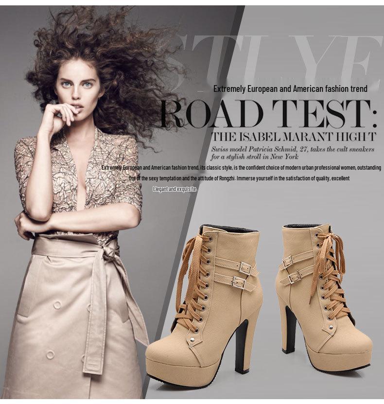 Women's Black Chunky Heel Platform Ankle Boots - Waterproof, Lace-Up, Buckle Detail, Plus Size Available.