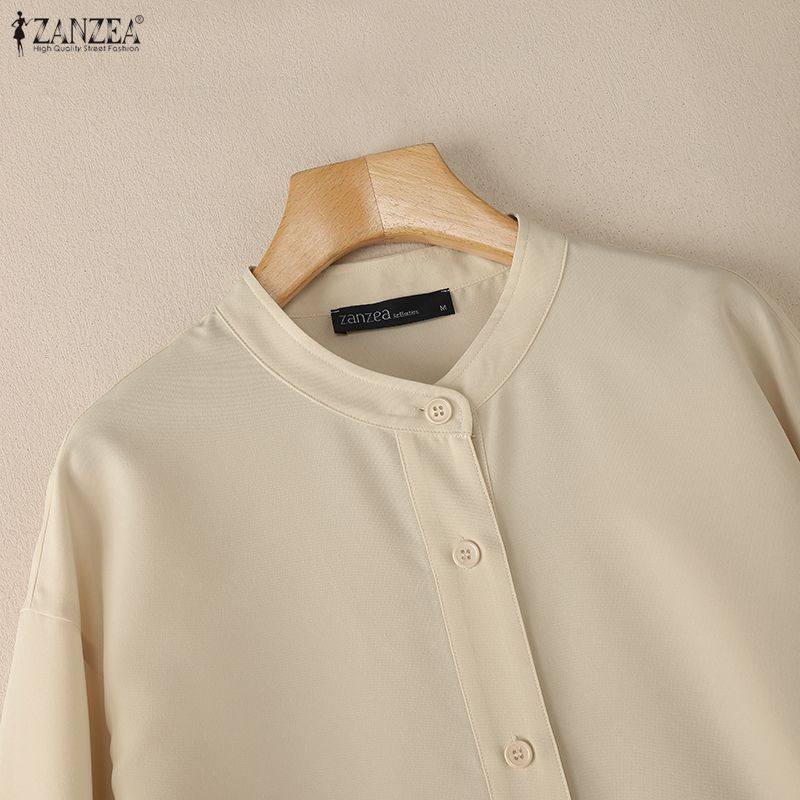 ZANZEA Bluză lejeră cu mânecă lungă, cu guler în picioare, pentru femei