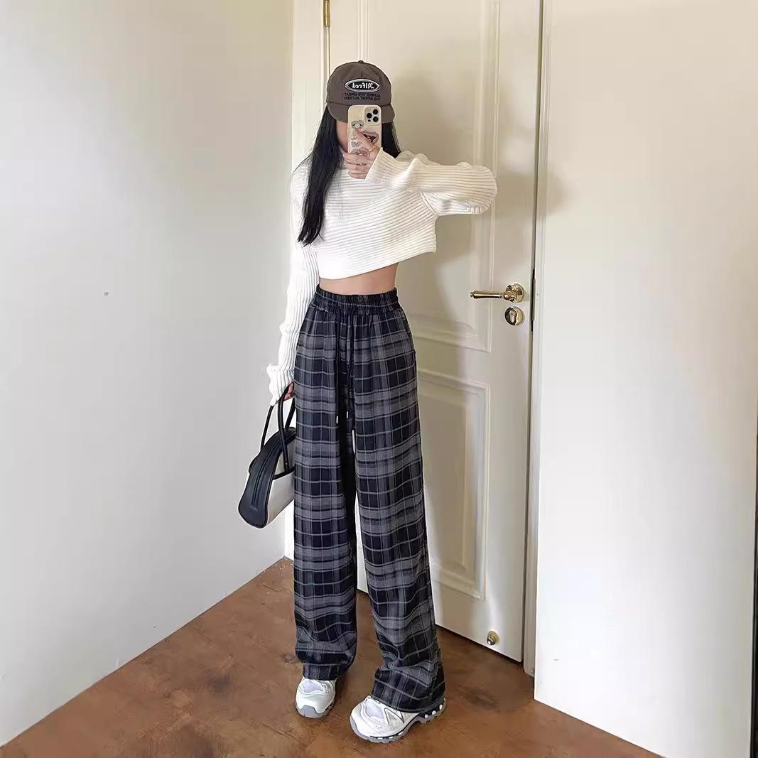 

Черные клетчатые повседневные брюки для женщин, свободные прямые брюки с заниженной талией, широкие брюки на осень, новые клетчатые брюки с высокой талией 4XL