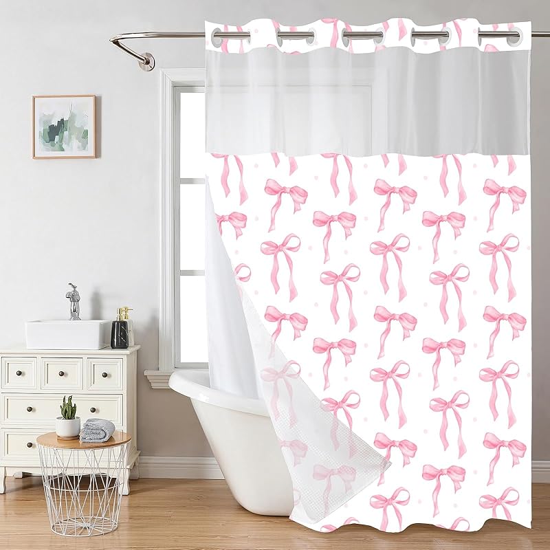 No Hook Pink Bow Shower Curtain and Liner Set Cute Shower Curtain with Snap in Liner Fabric Bathroom Curtain with Liner Set Double Layers Waterproof