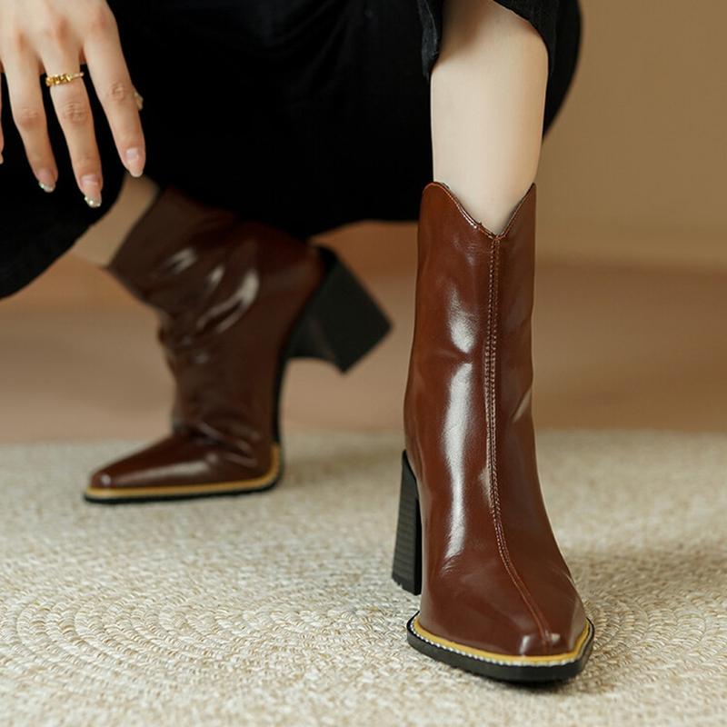 Fashion NEW Autumn Women Boots Split Leather Shoes for Women Square Toe Chunky Heel Shoes Zipper Short Modern Boots Concise Daily Shoes