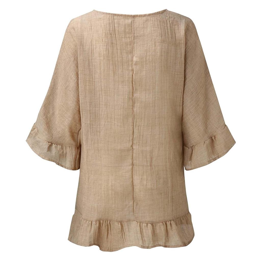 فستان نسائي أنيق بلون سادة وأكمام مكشكشة من القطن والكتان بلون سادة