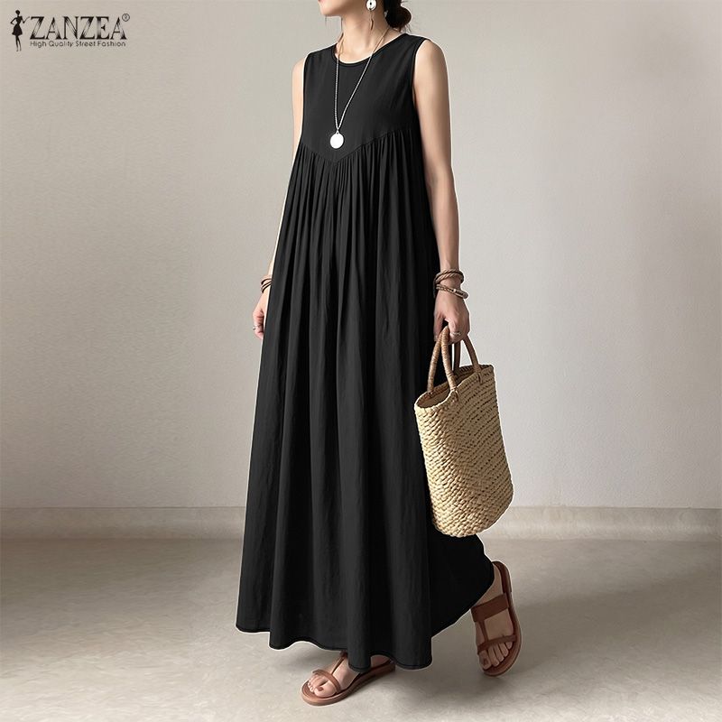 ZANZEA Women Casual Round Neck Solid Color Sleeveless Long Dress