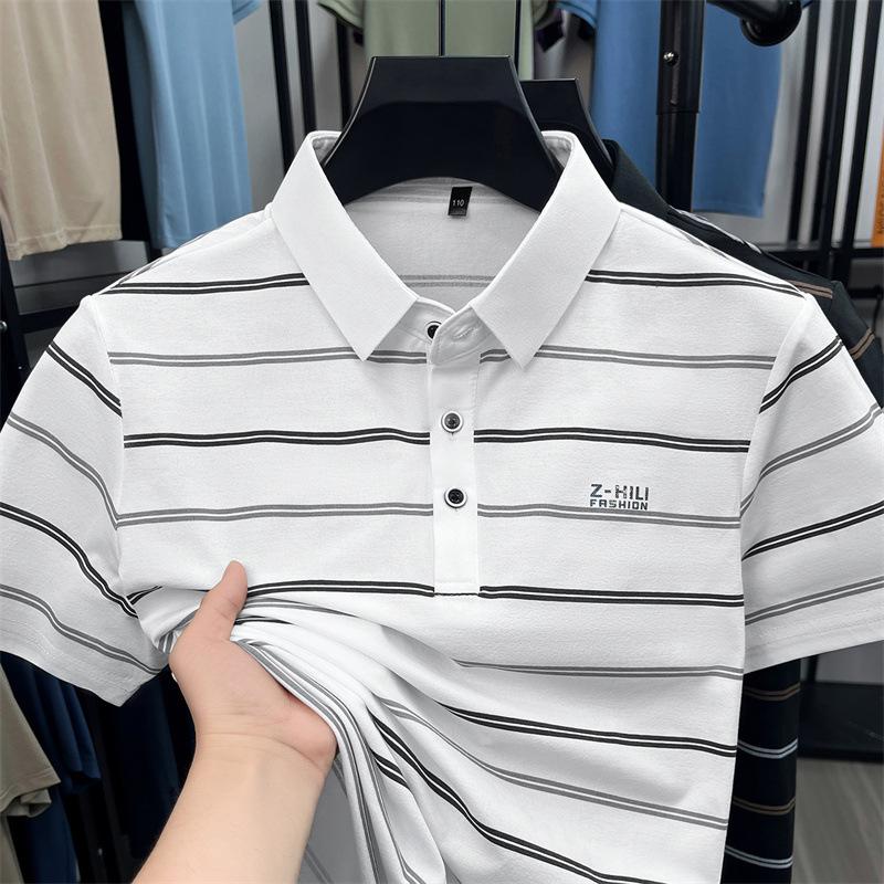 Men s Summer Striped Lapel Collar Casual Versatile Striped Top Short Sleeve Polo Shirt M