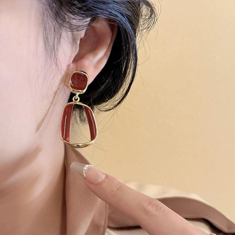 Red Ribbon Bow-knot Vintage Stud Earrings For Women Korean Fashion Autumn Winter Simple Bow Red Stud Earrings Geometric Earring
