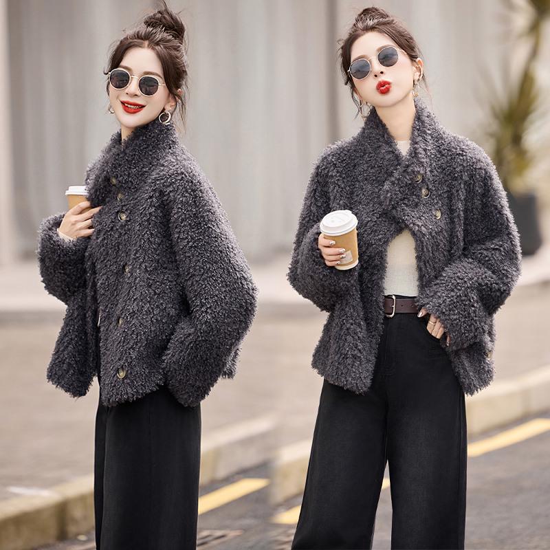 Women's Wool Fur-Trim Coat - Autumn/Winter, Casual Loose Fit, Stand-Up Collar, Single-Breasted (HE8835)