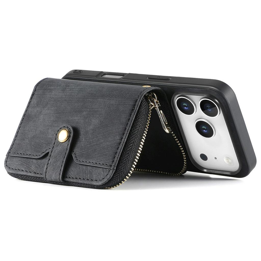 For iPhone 17 Pro Max PU Leather Phone Back Cover with Zipper Card Holder and Long Strap