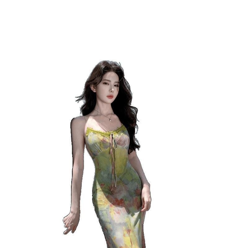 Seaside Vacation Smudge Elastic Mesh Waist Fishtail Suspender Dress Niche Long Dress Women