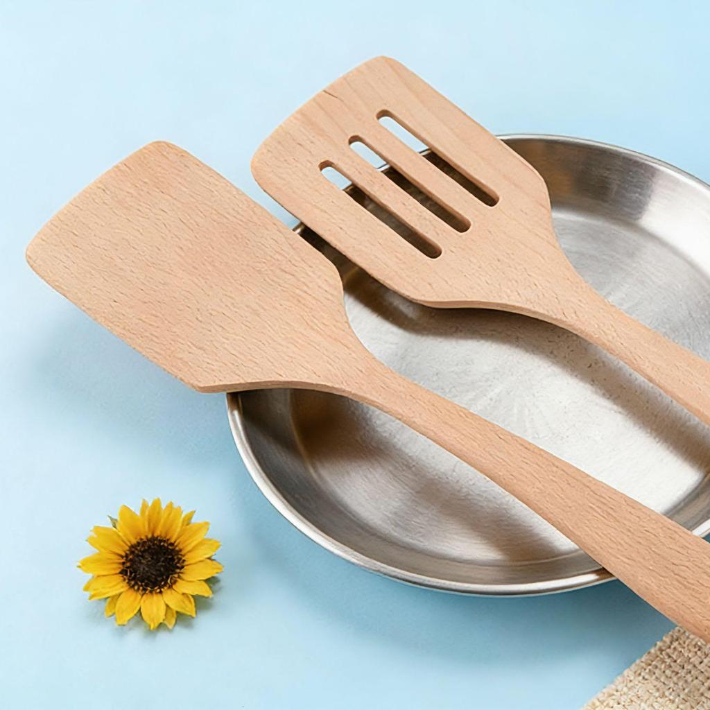 Japanese Beech Wood Spatula: Unpainted, Unwaxed, Non-stick, Long Handle