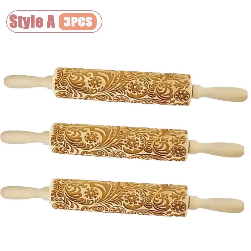 1-5PCS Christmas Snowflake Embossed Rolling Pin Wooden Dough Roller with Laser Cut Paisley Pattern for Holiday Baking