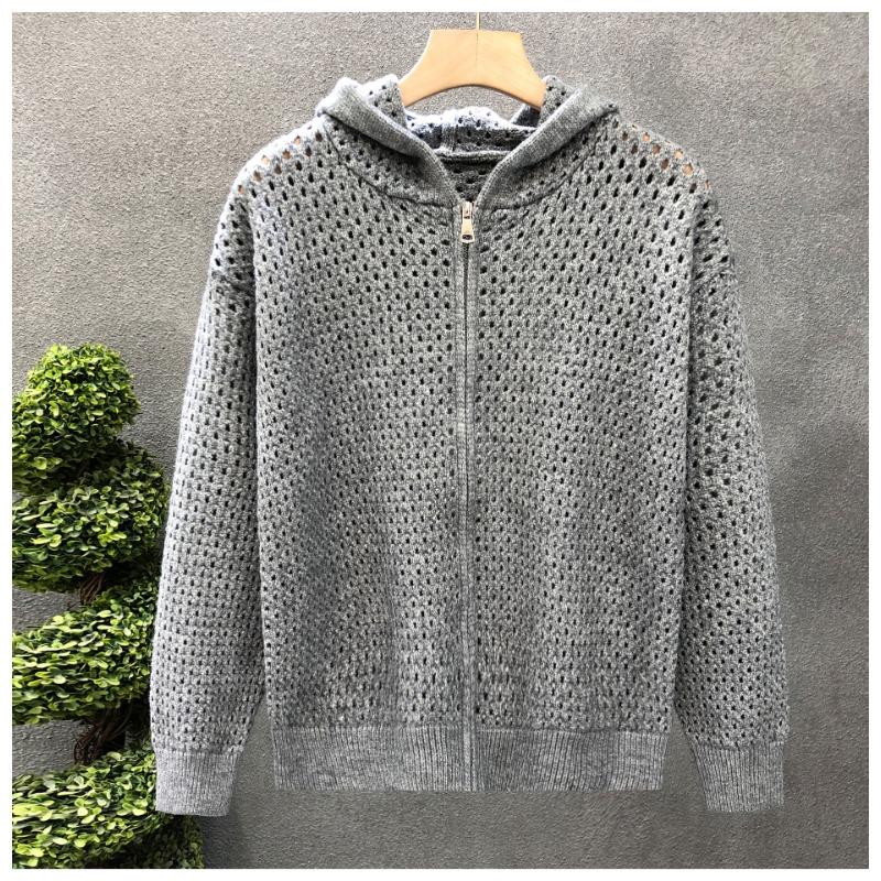 Mens Hollow Out Hooded Cardigan Loose Knit Sweater Casual Outerwear