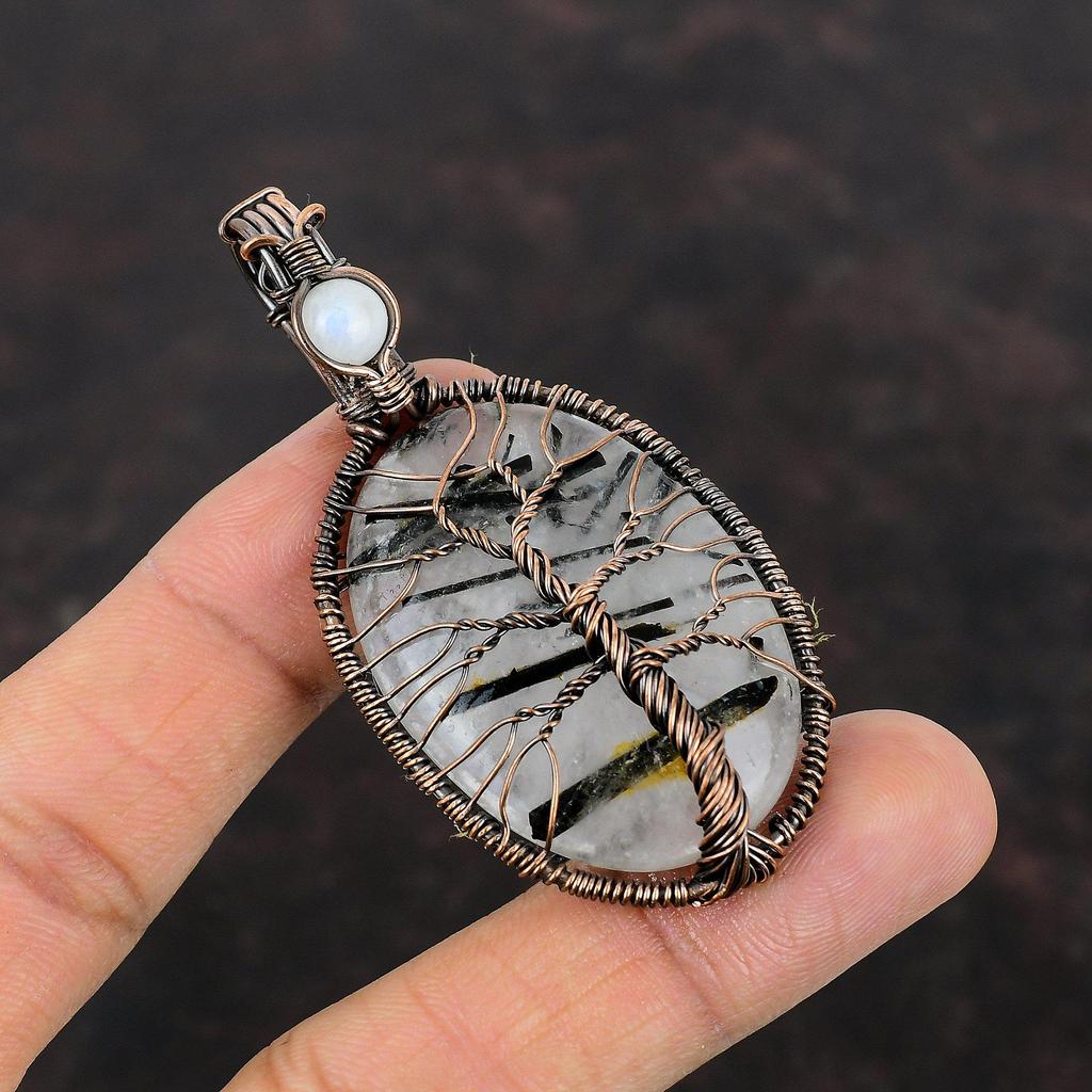 Tree Of Life Black Rutile Gemstone Pendant Copper Wire Wrapped Jewelry Dainty Rainbow Moonstone Pendant Gift For Her Handmade Copper Pendant