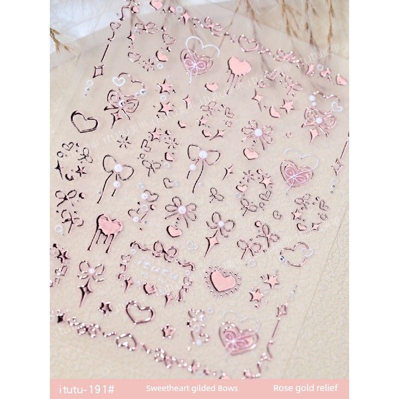 

Новинка Милые бантики с бронзовым напылением Тисневанная наклейка для ногтей Розовый узел Сердце Любовь Бантики Галстук-бабочка Бантики Горячее серебро Красный Персиковое сердце Наклейка (Rose Gold) Embossed(Sweetheart gilded Bows)