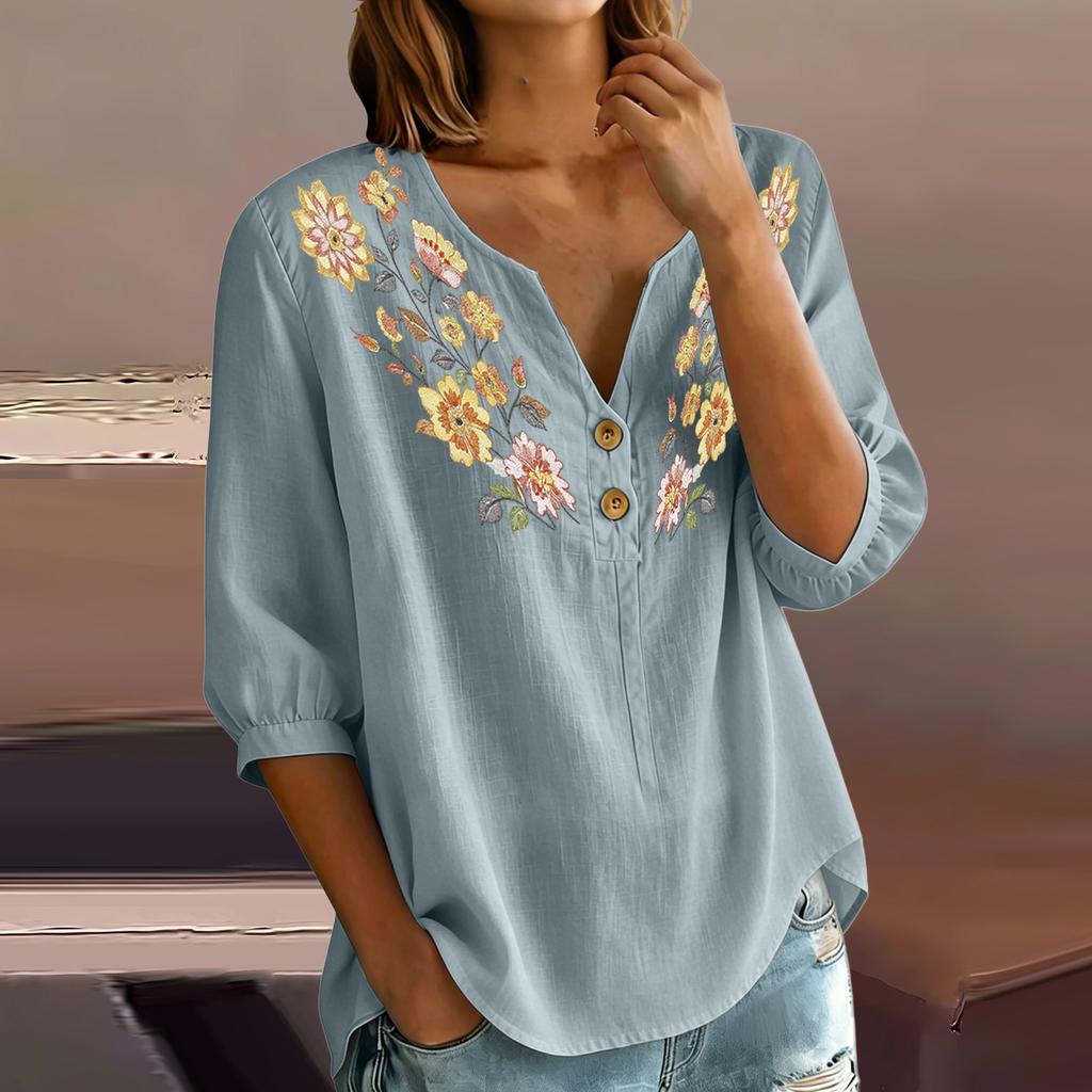 Women Floral Pattern Henley Neck Button Front Three Quarter Sleeve Linen Cotton Blend Shirt Casual Loose Fit Blouse