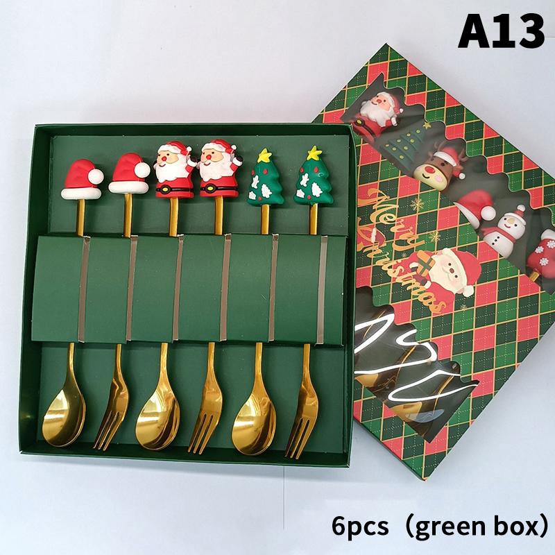 1/2/4/6 szt. Łyżka ze stali nierdzewnej Łyżeczka do deseru Świątecznego Widelczyk do ciasta Kreskówkowy choinka łoś Łyżka widelec Świąteczne pudełko prezentowe