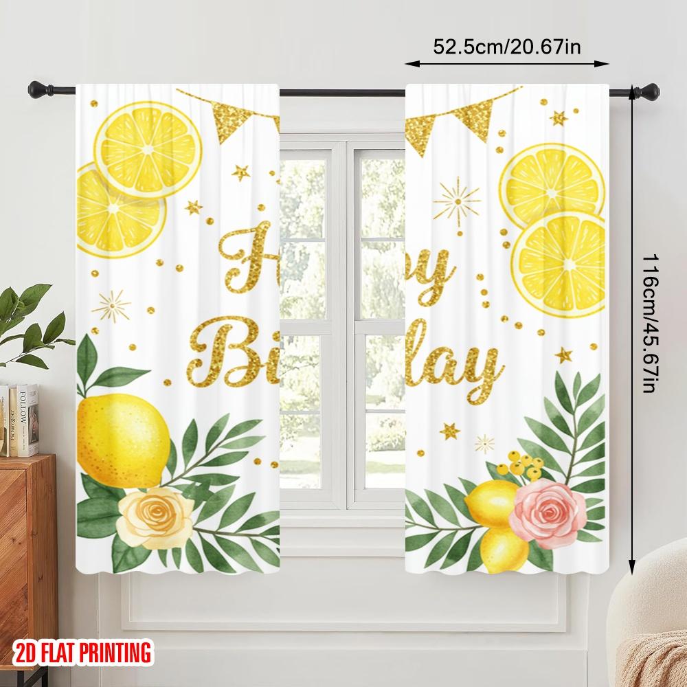 2pcs 2D flat printing Curtains Happy Birthday Lemon Party Fabric Without Electricity Festive Holiday for All Season celebrations
