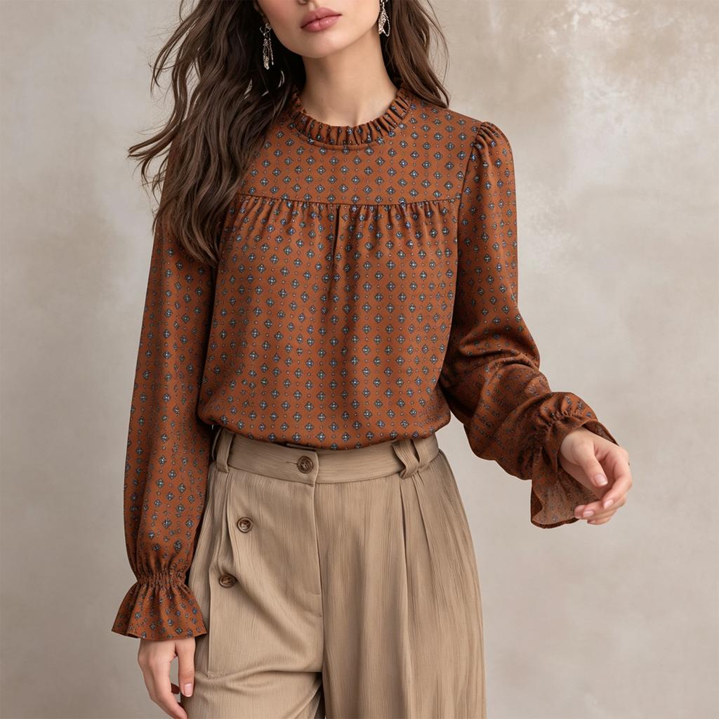 Women's Casual Printed Bell Sleeve Blouse with Ruffle Stand Collar