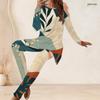 Women Plus Size Round Neck Long Sleeve Printed Longline Top Fitted Pants Two Piece Set White Blue Green
