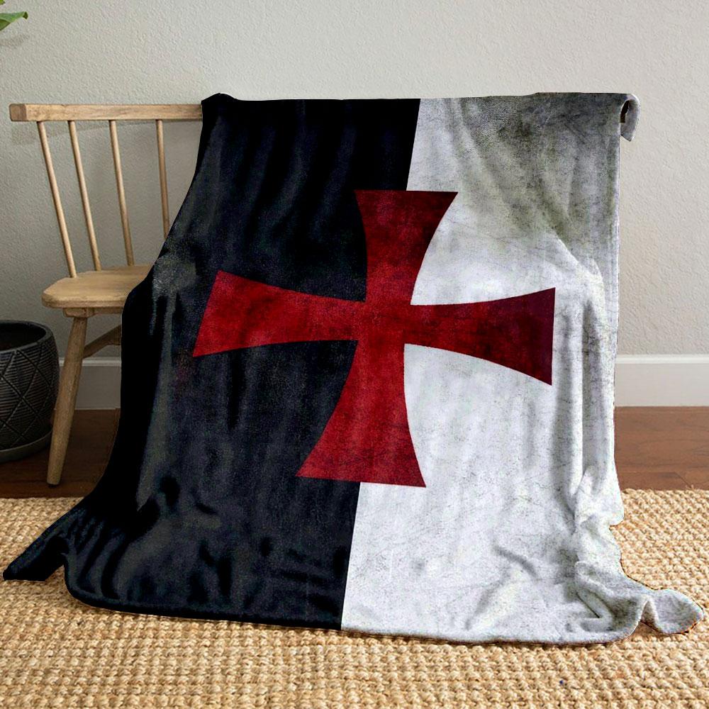 Red Templar Cross on Black and White Patterned blanket, flannel, suitable for all seasons, home decor, warm and cozy