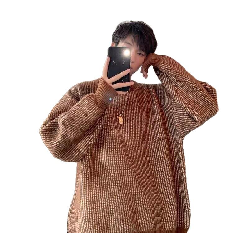Men's Round Neck Striped Sweater - Autumn/Winter Retro Knit Pullover, Versatile and Loose-Fit.
