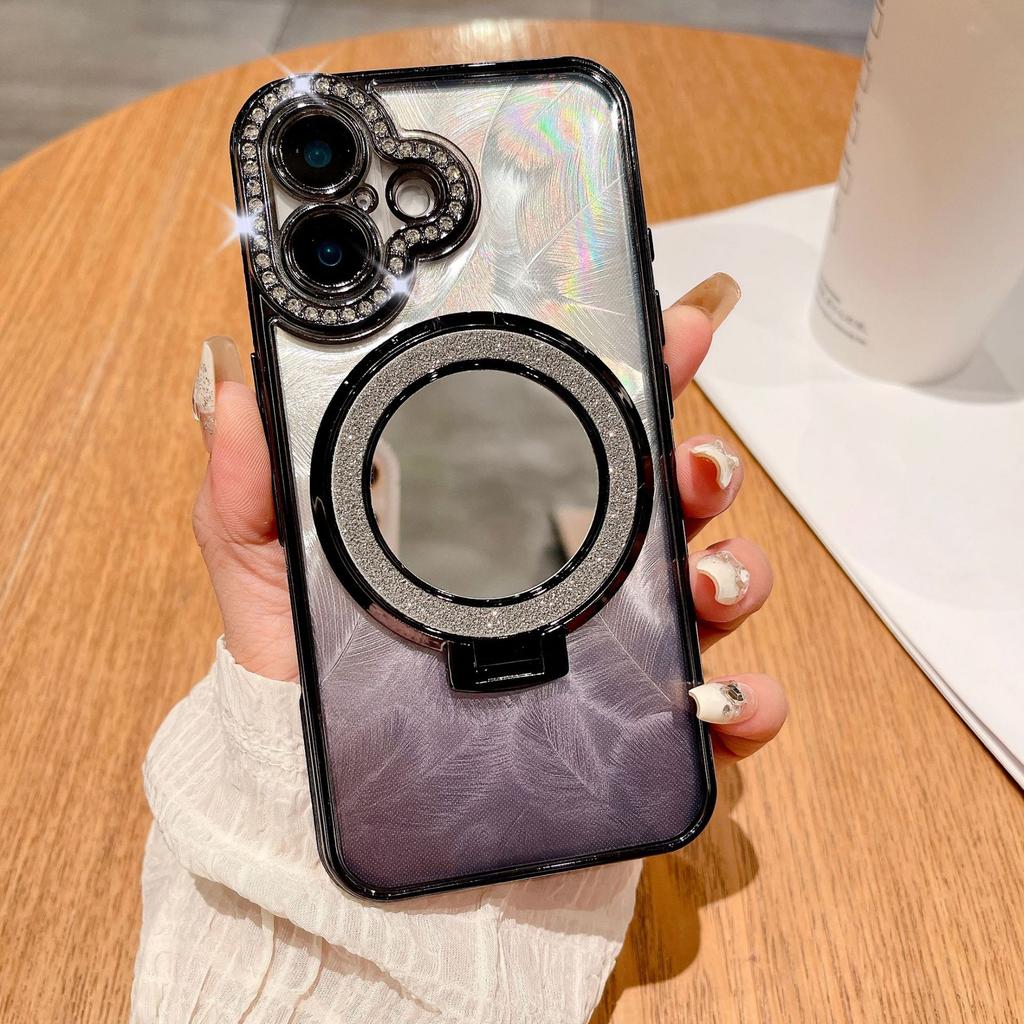 The Glass Mirror Surface Magnetic Stand Is Suitable for Iphone16 Phone Cases, Apple 15promax Luxurious Gradient Feather 14