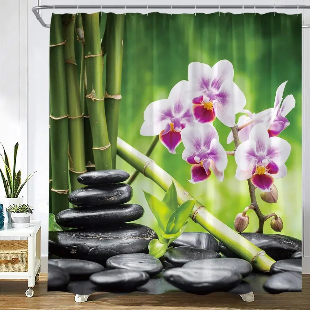 Zen Green Bamboo Shower Curtain Pink Flower Plant Black Stone Spa Garden Scenery Wall Hanging Fabric Bathroom Decor Curtains Set