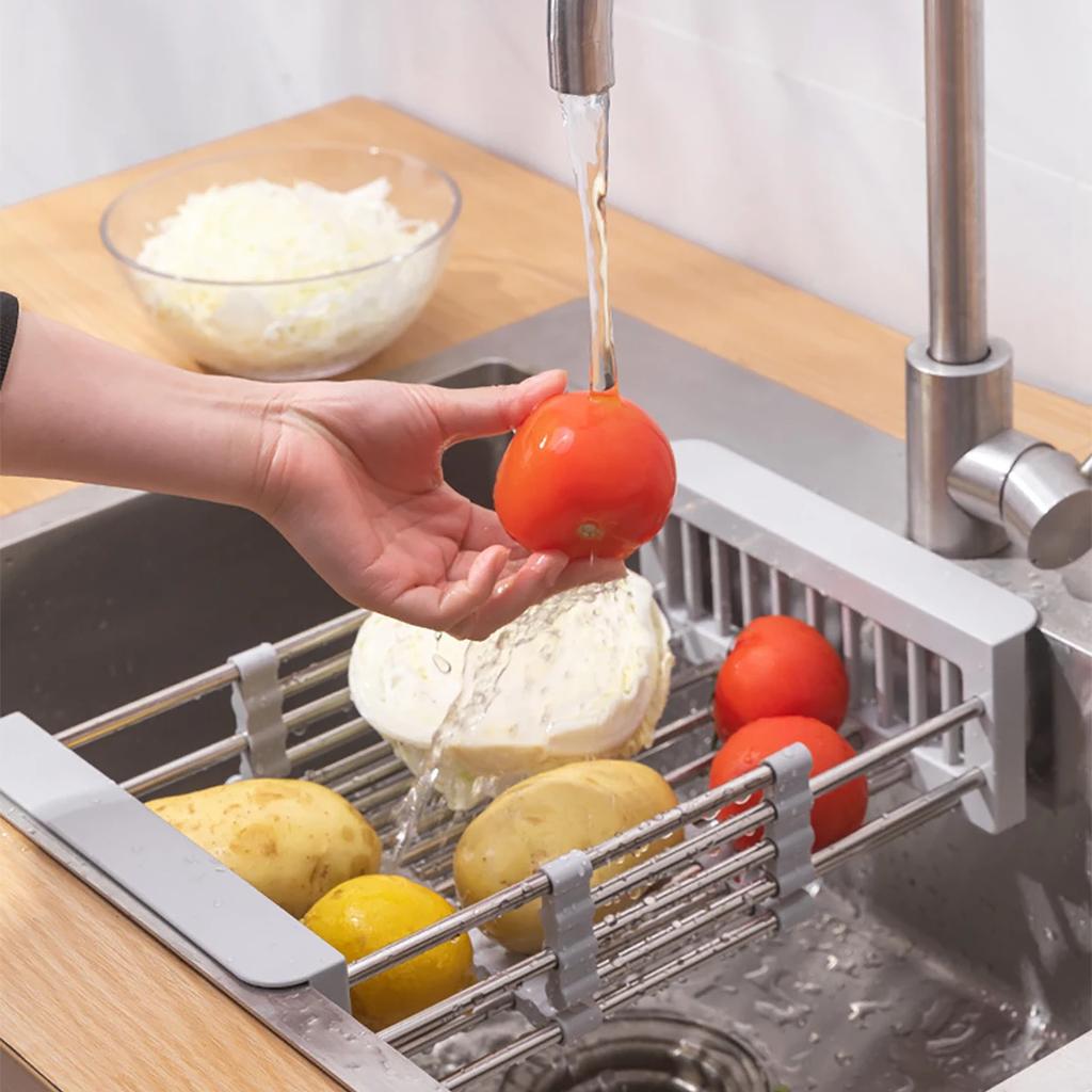 JIT+1pc Stainless Steel Retractable Drain Basket for Kitchen Sink - Multifunctional Water Tank Rack for Vegetable and Fruit - Co