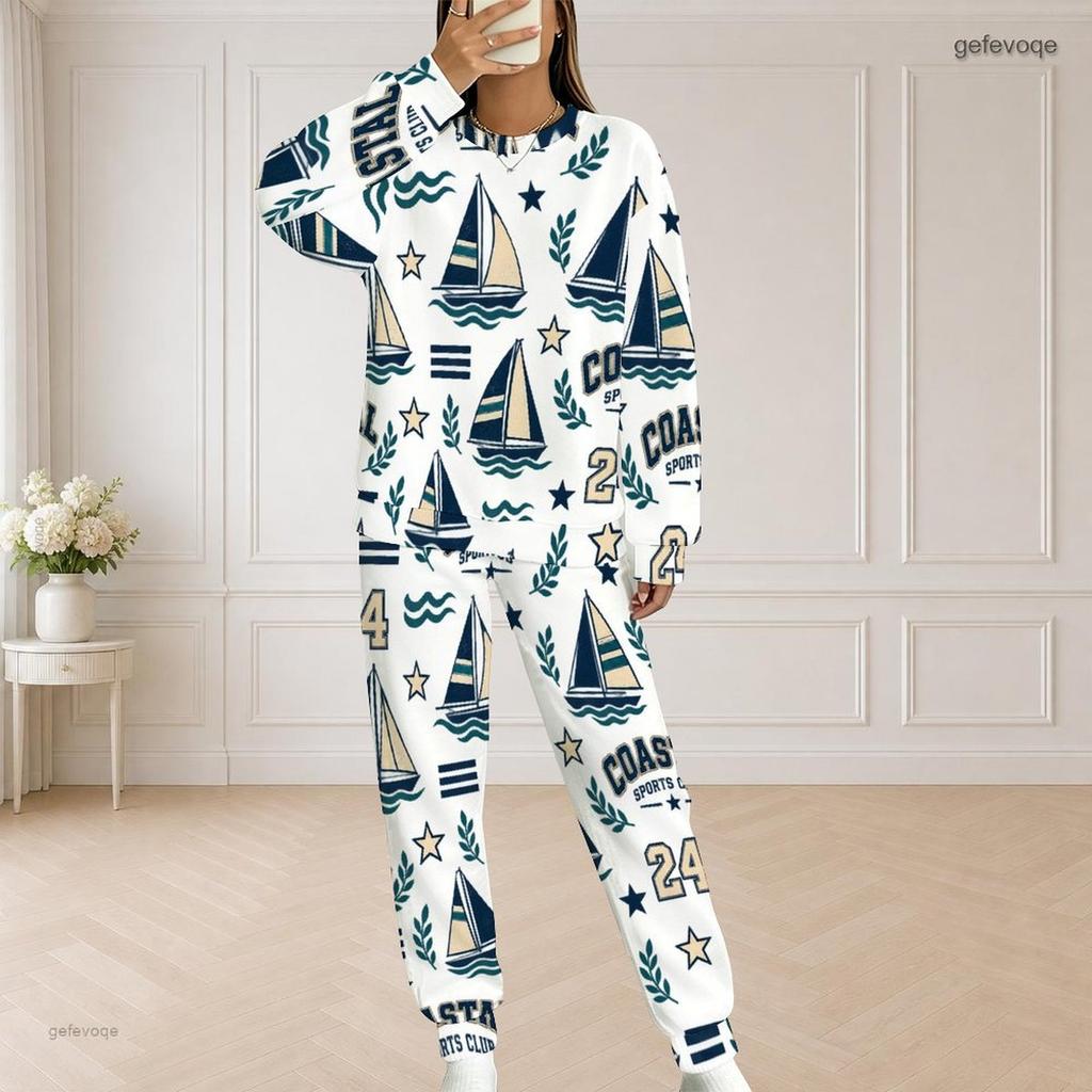 Women Plus Size Sailboat Printed Pocket Round Neck Long Sleeve Top And Long Pants Two Piece Set