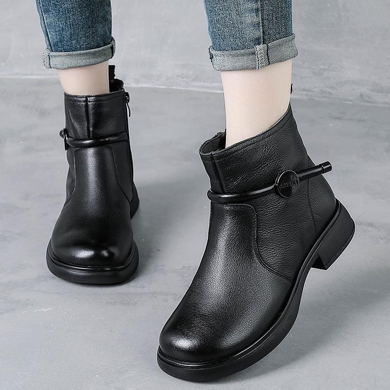 First layer cowhide autumn and winter new retro thick heel Martin boots medium heel leather boots women's thick heel short boots