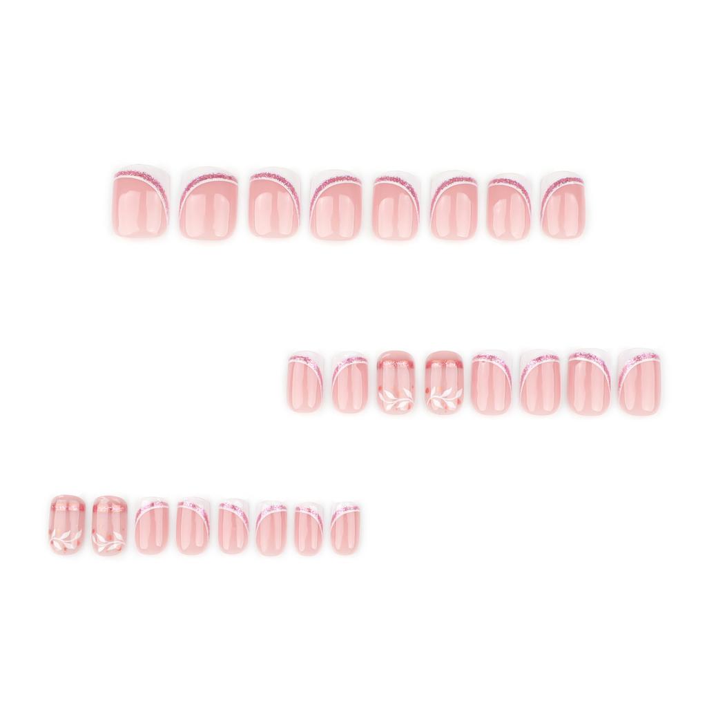24 Pcs Glittering Press On Nail French Tips False Nail Leaf Full Cover Stick On Nail Short Square Acrylic Nail
