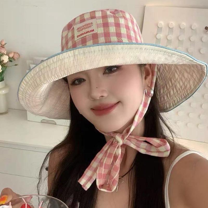 Chapeau Bob Plaid Double Face à Bord Large à Lacets Été Extérieur Polyvalent Protection Solaire Doux Couleur Contrastée Plaid Chapeaux pour Femmes