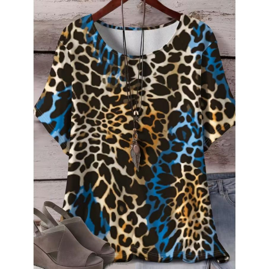 XL-7XL Plus Size Women's Men Leopard Casual 3D Print Loose V Neck Short Sleeved T-shirt Top