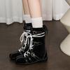 Sheepskin Version~ Retro Splicing Suede Boxing Boots Women's Fashion Niche Belt Buckle Lace-up Rear Zipper Martin Boots