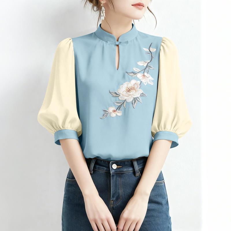 ZANZEA Women Casual Stand Collar Splice Half Sleeve Blouse