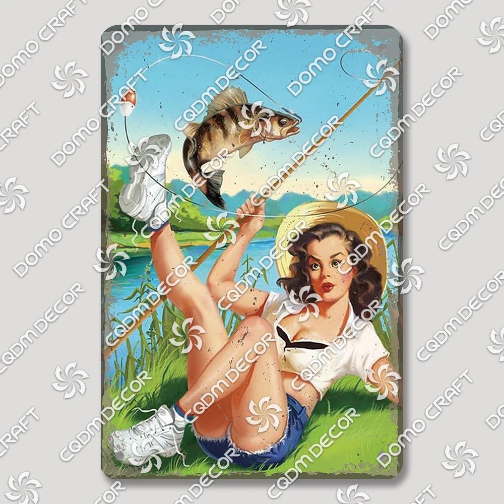 Vintage Znak Metalowy Blaszany Dziewczyny Wędkujące Retro Kobieta z Psami Dekoracja Ścienna dla Klubu Wędkarskiego Dom Wiejski
