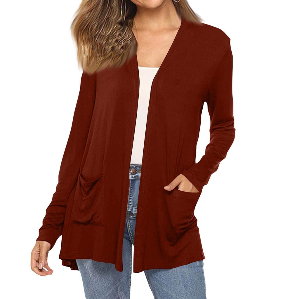 Women's Fashion Solid-Colour Long-Sleeved Pocketed Slim-Fit Cardigan Jacket