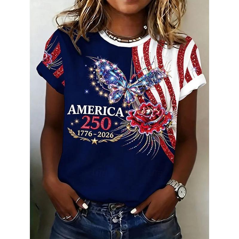 Women s T Shirt Print Graphic Flag Stylish Classic Casual Short Sleeve Crew Neck Round Neck Regular Tops S