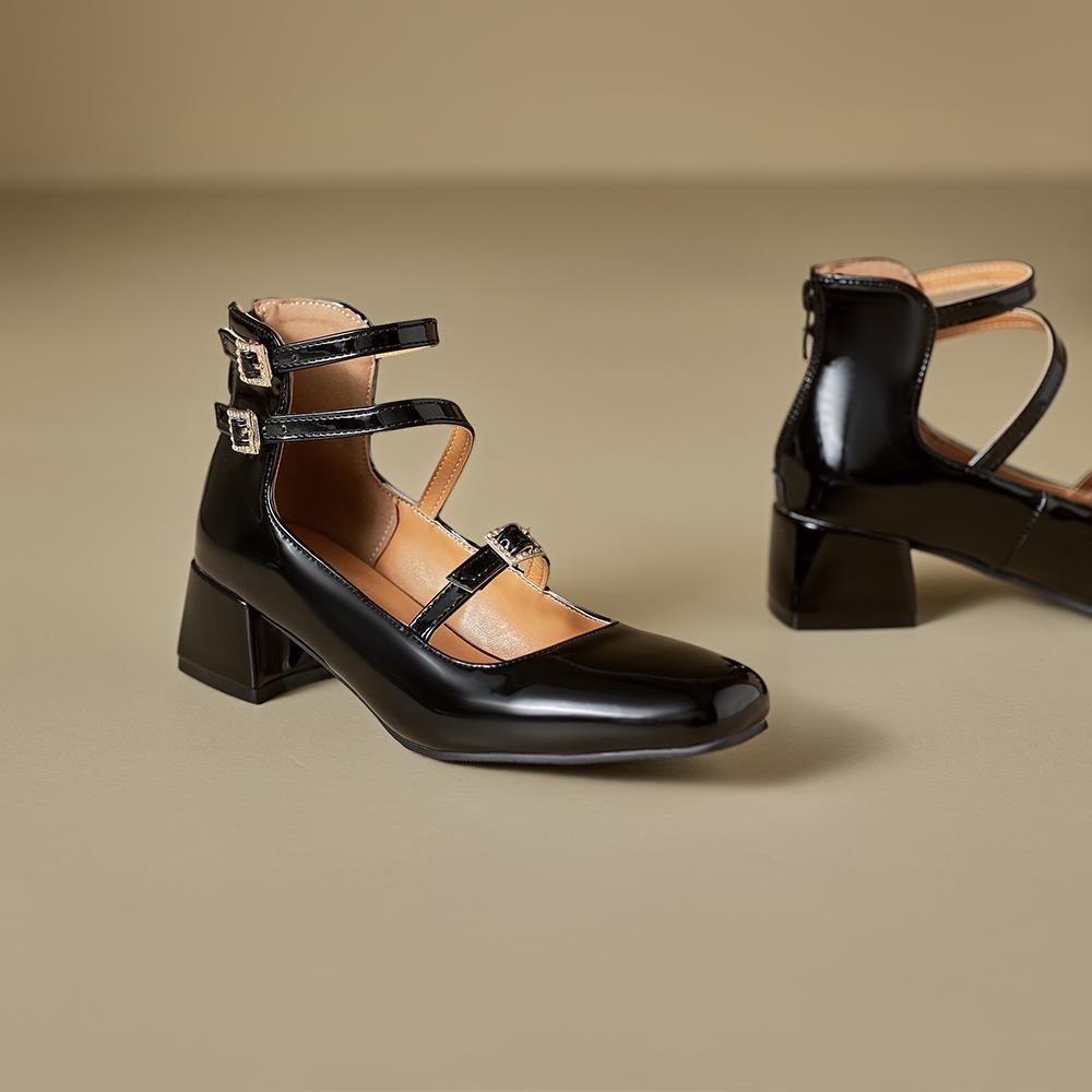 

2026 Spring Fashion Women Pumps Round Toe Ankle Strap Med Block Heel Lady Daily Pumps Plus Small Big Size 11 32 46 34 чёрный