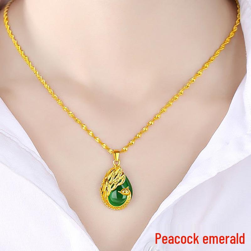 Gold-Plated Double Water Wave Necklace with Ruby & Emerald Pendant