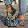 Large Size Ethnic Style Casual Single Shoes Women's Colorful Lace Up Graffiti Low Canvas Shoes Wooden Thick Bottom