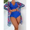 High Waist Textured Bikini Set with Tropical Floral Cover Up