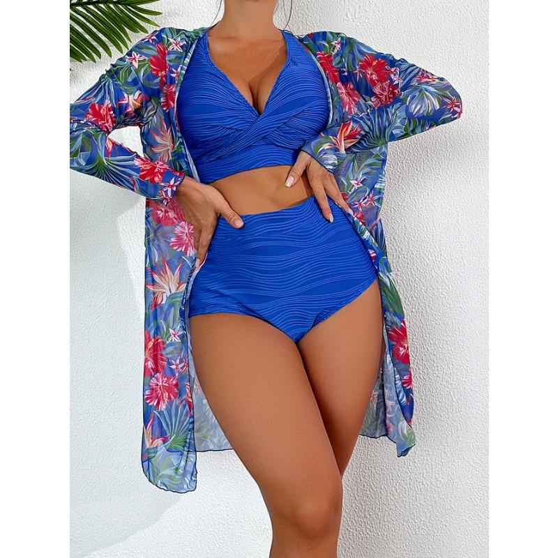 High Waist Textured Bikini Set with Tropical Floral Cover Up