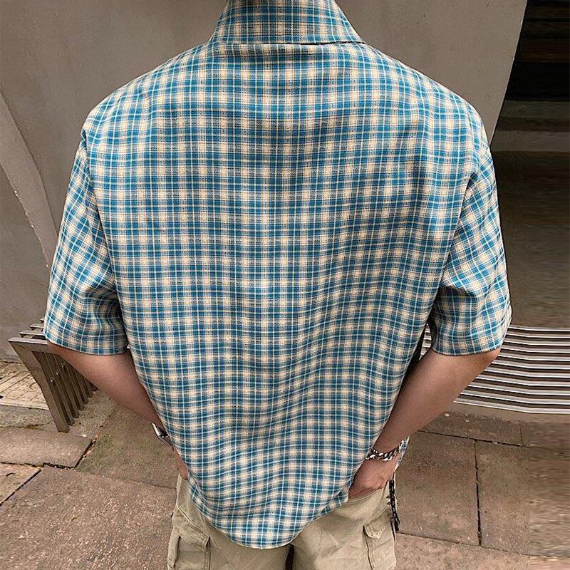 Summer Stylish Short Sleeve Shirt Men's Streetwear Vintage Button Up Turn Down Collar Shirts Trendy Men Plaid Printed