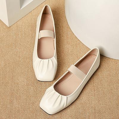 Fashion Big Size 35-44 Elastic Band Mary Janes Women Pleated PU Leather Flats Ballets Shoes Ladies Square Toe Loafers Barefoot Mocassins