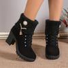 Women's Block Heeled Ankle Boots, Faux Pearl Decor Knit Stitching Booties, Fashion Winter Zipper High Heeled Boots