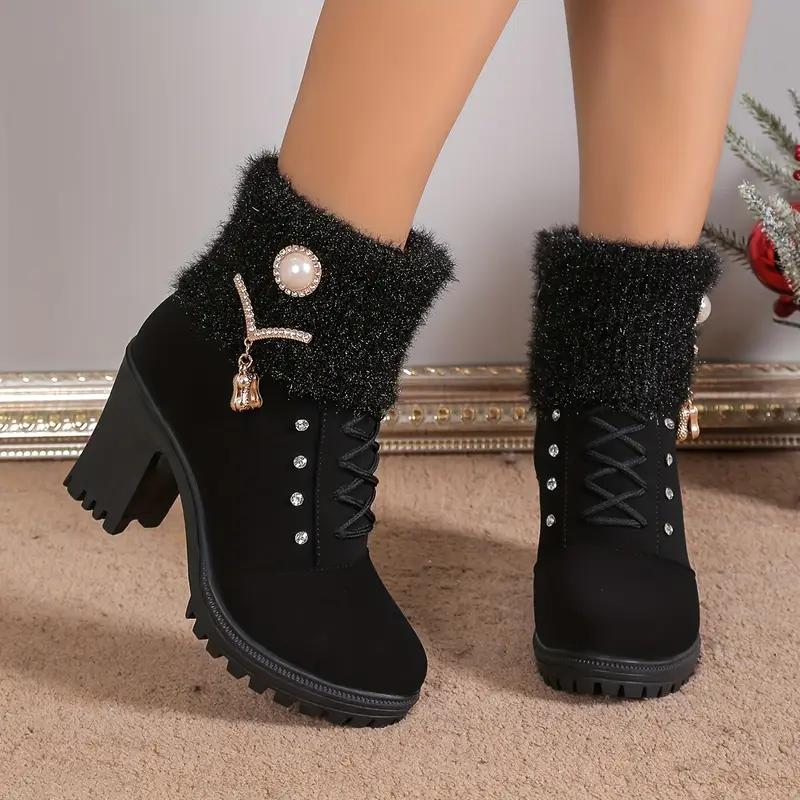 Women's Block Heeled Ankle Boots, Faux Pearl Decor Knit Stitching Booties, Fashion Winter Zipper High Heeled Boots